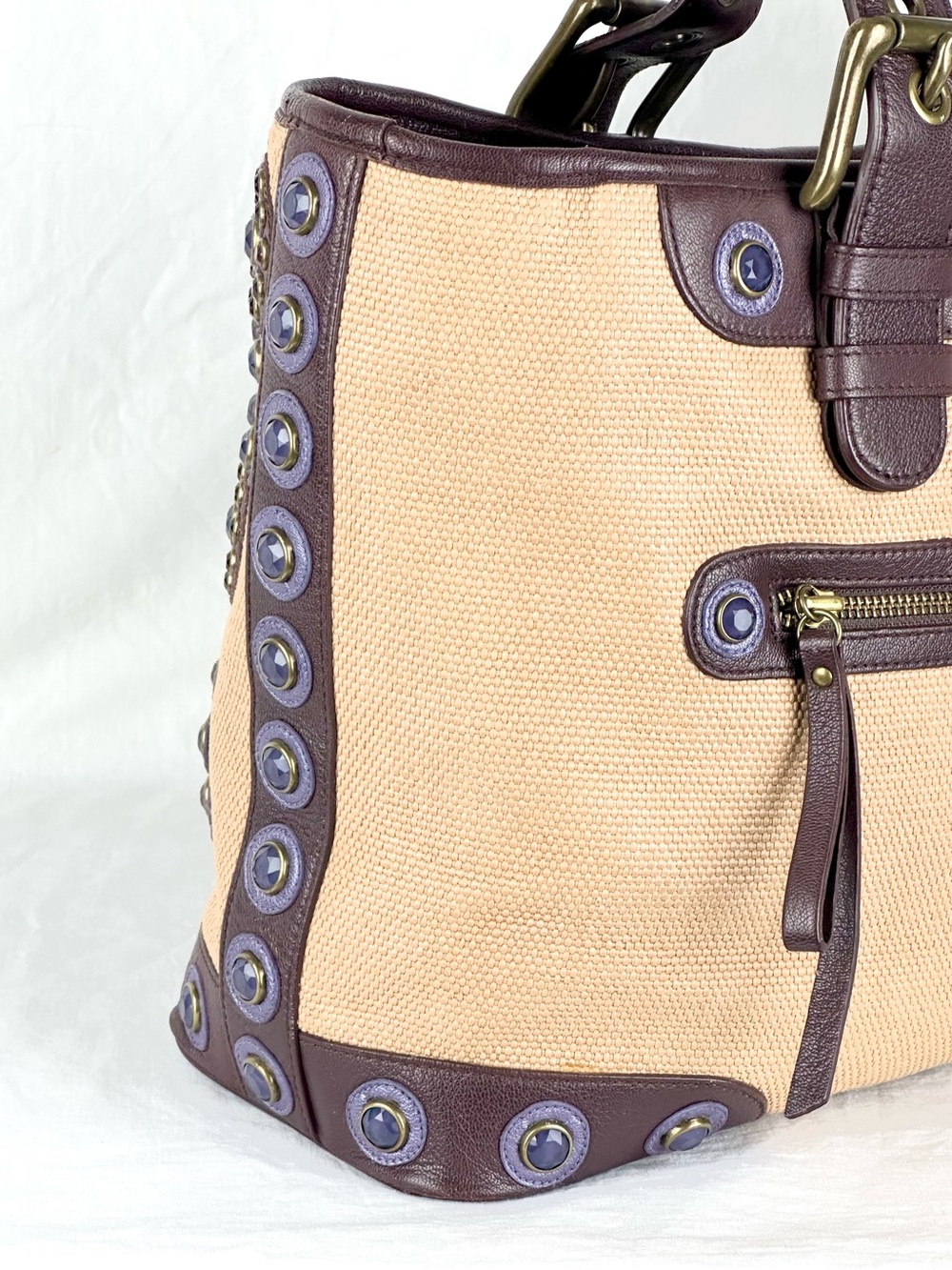 Isabella Fiore ‘Set in Stone’ Jeweled Tote Bag Tan and Brown Leather Trim - Picture 14 of 16